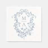 Klassisches Blue Floral Wappen Monogram Wedding Serviette (Vorderseite)