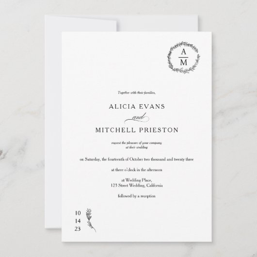 Klassisches blumenmonogramm Foto Einladung (Vorderseite)