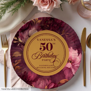 Klassisches Boho Burgund-Rosa Gold 50. Geburtstag Pappteller