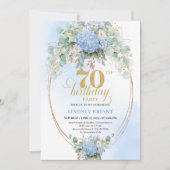 Klassisches Boho-Hellblau-Blumen-Gold-70. Geburtst Einladung (Vorderseite)