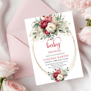 Klassisches Boho-Rot-Weiß-Blumen-Gold-Baby-Shower Einladung