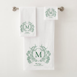 Klassisches botanisches grünes florales Wappen-Mon Badhandtuch Set