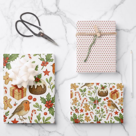 Klassisches botanisches Holly Floral Art Muster Geschenkpapier Set (Vorderseite)
