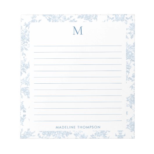 Klassisches botanisches Toile-Monogramm Französisc Notizblock (Vorderseite)