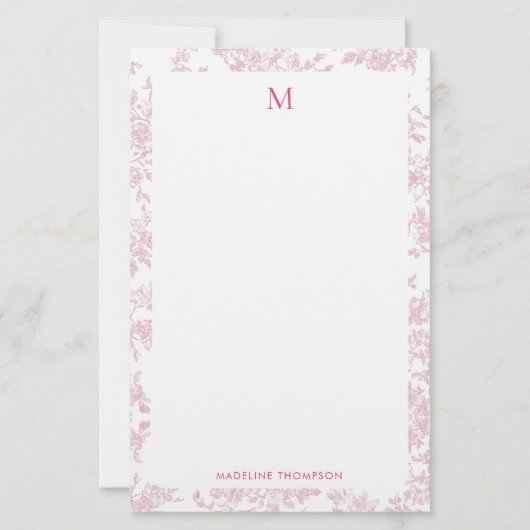 Klassisches botanisches Toile-Monogramm Rot Briefpapier (Vorderseite)