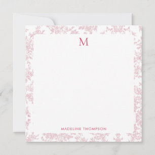 Klassisches botanisches Toile-Monogramm rotes Quad Mitteilungskarte