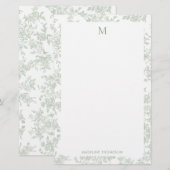 Klassisches botanisches Toile-Monogramm Sagegrün Briefpapier (Vorne/Hinten)
