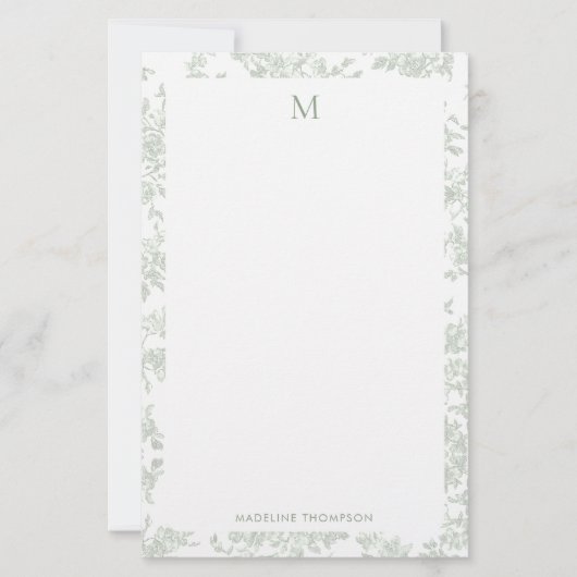 Klassisches botanisches Toile-Monogramm Sagegrün Briefpapier (Vorderseite)