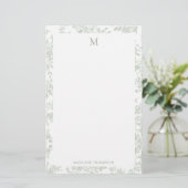 Klassisches botanisches Toile-Monogramm Sagegrün Briefpapier (Stehend Vorderseite)