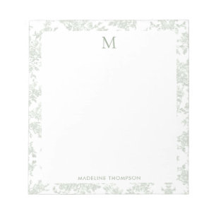 Klassisches botanisches Toile-Monogramm Sagegrün Notizblock