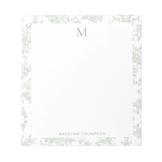Klassisches botanisches Toile-Monogramm Sagegrün Notizblock (Vorderseite)