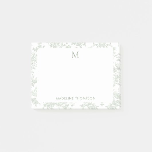 Klassisches botanisches Toile-Monogramm Salbeigrün Post-it Klebezettel (Vorderseite)