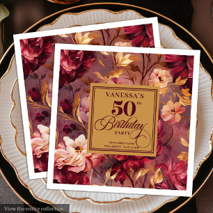 Klassisches Burgunder-Rosa Gold Blumen 50. Geburts Serviette