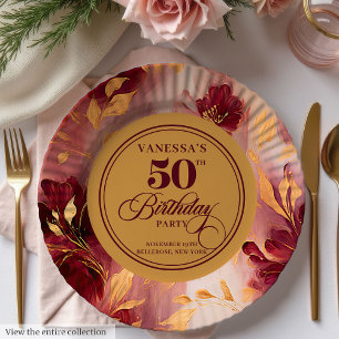 Klassisches Burgunder-Rosa Goldene Blumen 50. Gebu Pappteller
