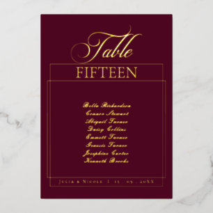 Klassisches burgunderrotes Hochzeitstisch-Nummerns Folieneinladung