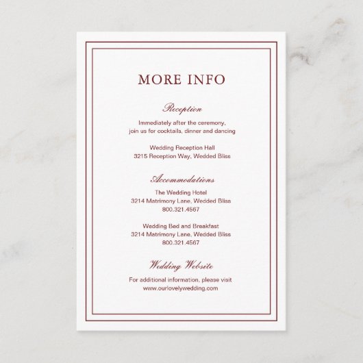 Klassisches Burgundy Elegante Hochzeit Begleitkarte (Vorderseite)