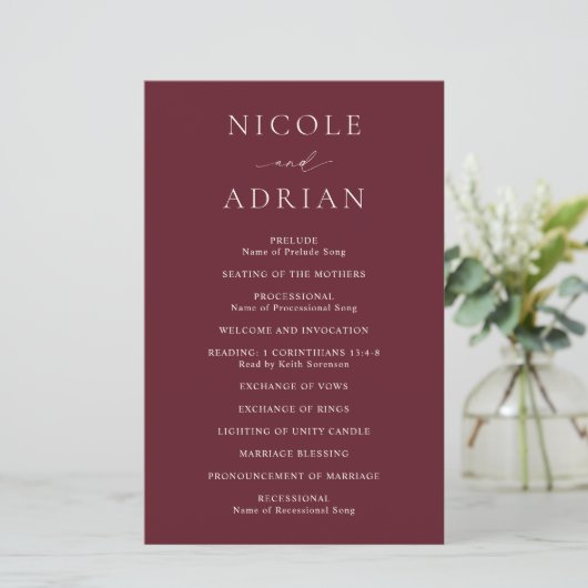 Klassisches Burgundy-Hochzeitsprogramm (Stehend Vorderseite)