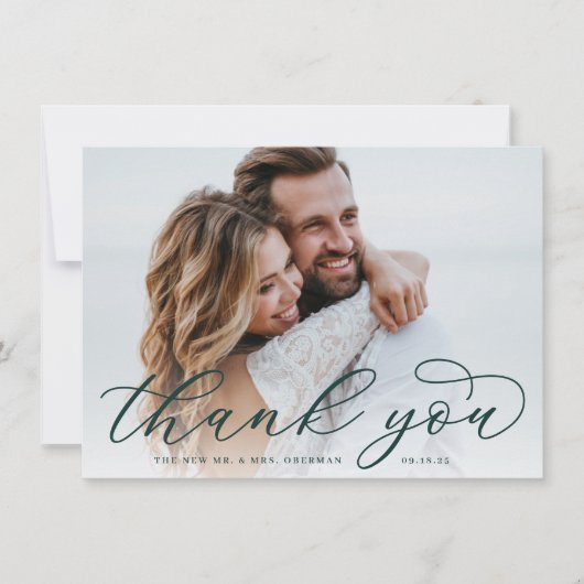 Klassisches Calligrafy Script-Hochzeitsskript-Foto Dankeskarte (Vorderseite)