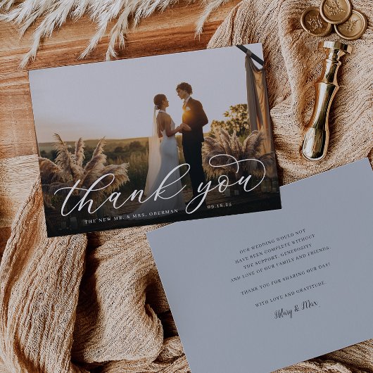 Klassisches Calligrafy Script-Hochzeitsskript-Foto Dankeskarte