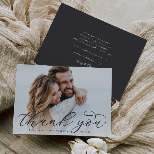 Klassisches Calligrafy Script-Hochzeitsskript-Foto Dankeskarte