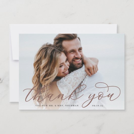 Klassisches Calligrafy Script-Hochzeitsskript-Foto Dankeskarte (Vorderseite)