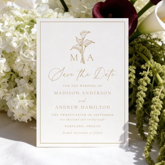 Klassisches Champagner-Calla-Lily-Monogramm-Hochze Save The Date