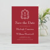 Klassisches Cranberry-Monogram-Wappen Save The Date (Stehend Vorderseite)