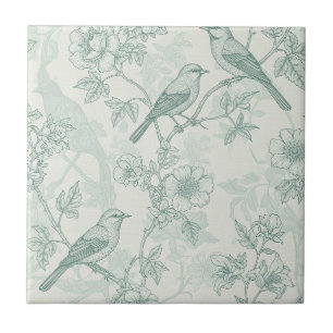 Klassisches Creme-Minz-Vogelgarten-Toile-Muster Fliese