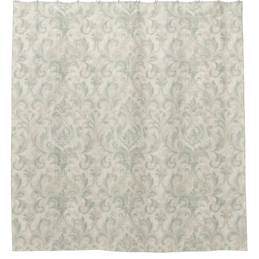 Klassisches Damastmuster Salbeigrün und Beige Duschvorhang (Vorderseite)