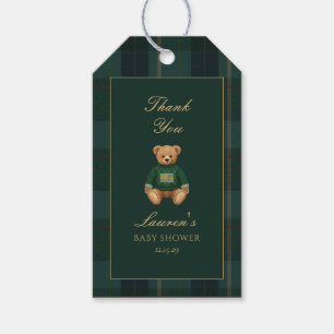 Klassisches dunkelgrün kariertes Bär-Babyshower-Ge Geschenkanhänger