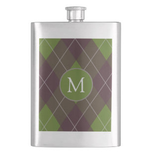 Klassisches dunkelgrünes Argyle-Muster-Monogramm Flachmann