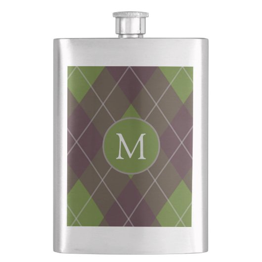 Klassisches dunkelgrünes Argyle-Muster-Monogramm Flachmann (Vorderseite)