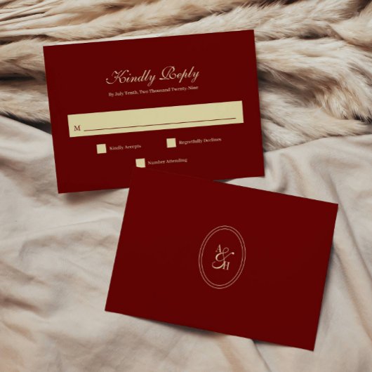 Klassisches Dunkelrot-Weinrot-Script-Monogramm-Hoc RSVP Karte