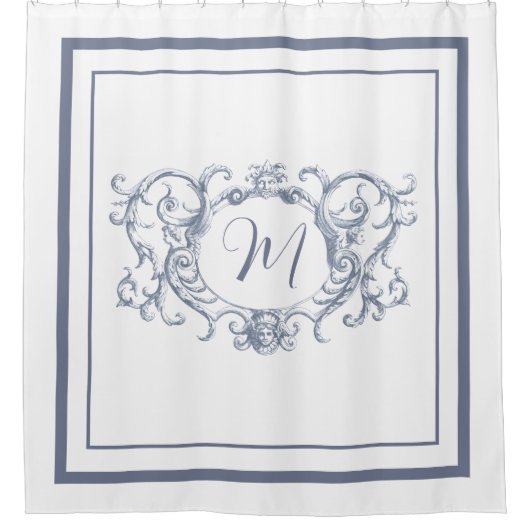 Klassisches dusty Blue Border Script Monogram Duschvorhang (Vorderseite)