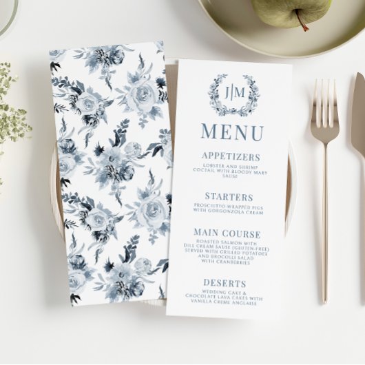 Klassisches Dusty Blue Grey Floral Wedding Menu