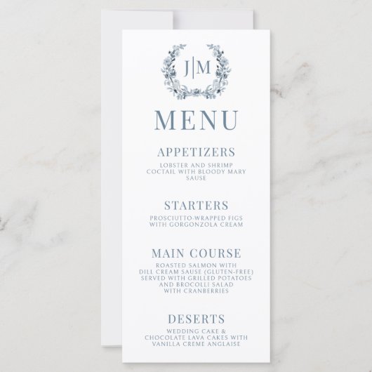 Klassisches Dusty Blue Grey Floral Wedding Menu (Vorderseite)