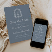 Klassisches Dusty Blue Monogram Wappen Script Save The Date