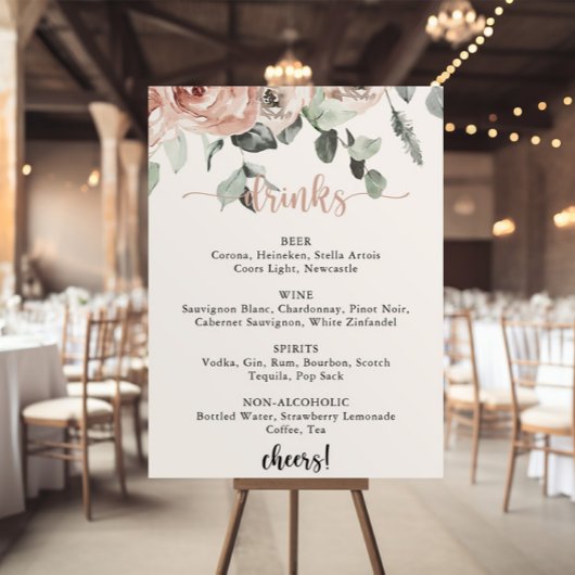 Klassisches Dusty Pink Rose Wedding Drinks Menü Ze Poster