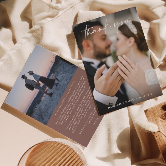 Klassisches Dusty-Rose-Skript mit Foto Wedding Dankeskarte