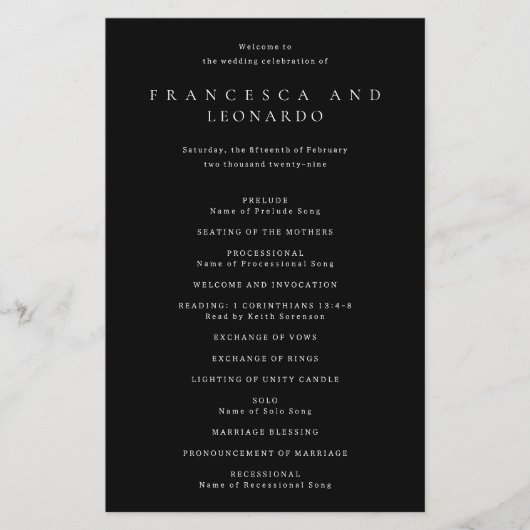 Klassisches einfaches Hochzeitsprogramm in Schwarz (Vorne)