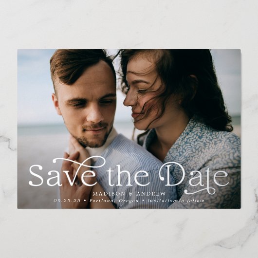 Klassisches Elegance Horizontales Foto Save the Da Folieneinladung (Vorderseite)