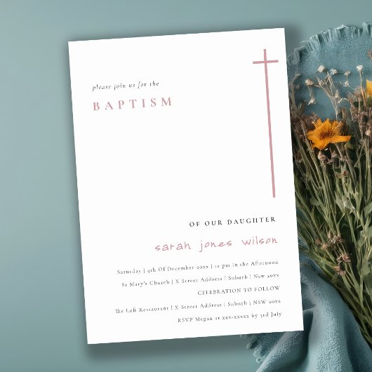 Klassisches Elegant Minimal Rosa Typografie Taufe Einladung