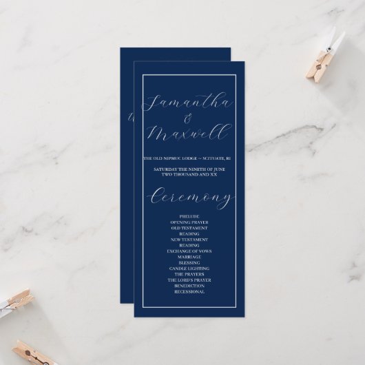 Klassisches Elegant Navy Blue Hochzeitsprogramm (Vorderseite/Rückseite Beispiel)
