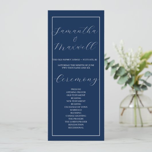 Klassisches Elegant Navy Blue Hochzeitsprogramm (Stehend Vorderseite)