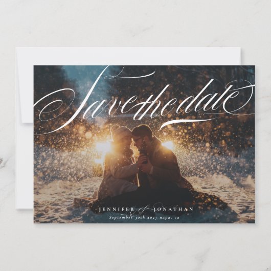 Klassisches Elegant-Navy-Kalligrafie-QR-Foto Save The Date (Vorderseite)