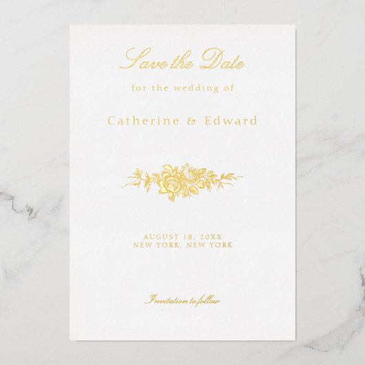 Klassisches Elegant Save the Date graviert Folieneinladung (Vorderseite)