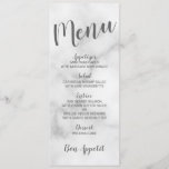 Klassisches elegantes Menü aus weißem Marmor Menükarte<br><div class="desc">Klassische Klassische White Marble Wedding Menu Card mit dem Titel in grauem,  modernem Script Schriftart mit Hochzeitsmenüdetails in grauem,  modernem Sans Serif Schriftart auf weißem Marmorhintergrund.</div>