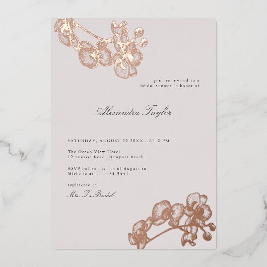 Klassisches Elegantes Orchid Brautparty Folieneinladung (Vorderseite)