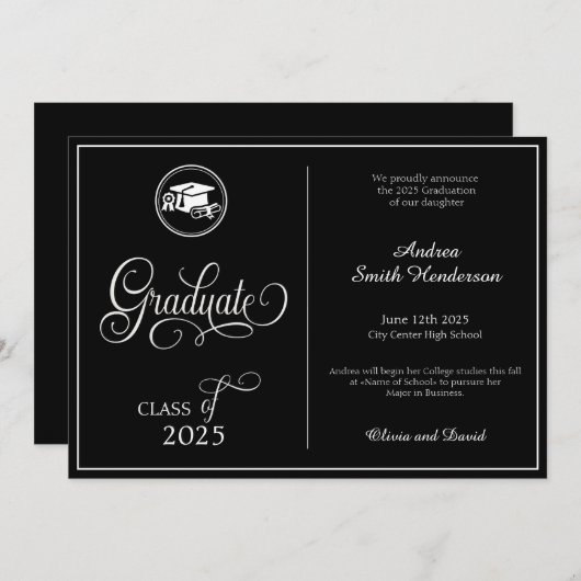 Klassisches Elegantes Skript Kein Foto Abschluss Ankündigung (Vorne/Hinten)