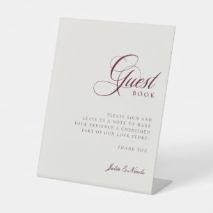Klassisches Elfenbein-Burgunder-Gästebuch-Hochzeit Sockelschild